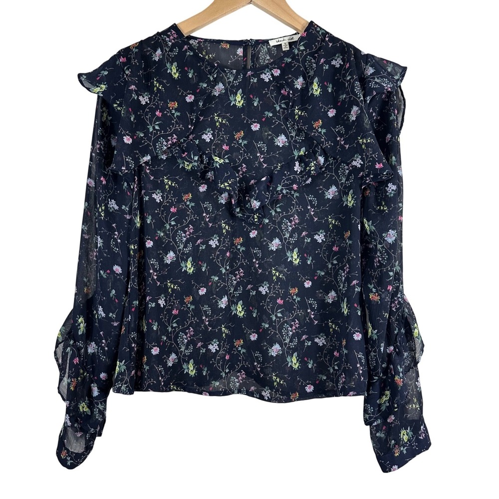 Bleuh‎ Ciel Navy Blue Floral Ruffle Long Sleeve Sheer Blouse Small Romantic